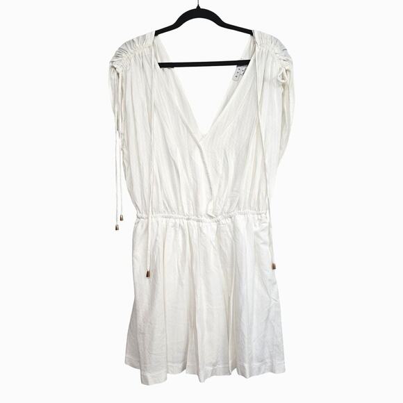 Hyfve White Romper Ruched Shoulders Tassel Ties Pockets Lined V-Neck Boho Chic M - Picture 1 of 13